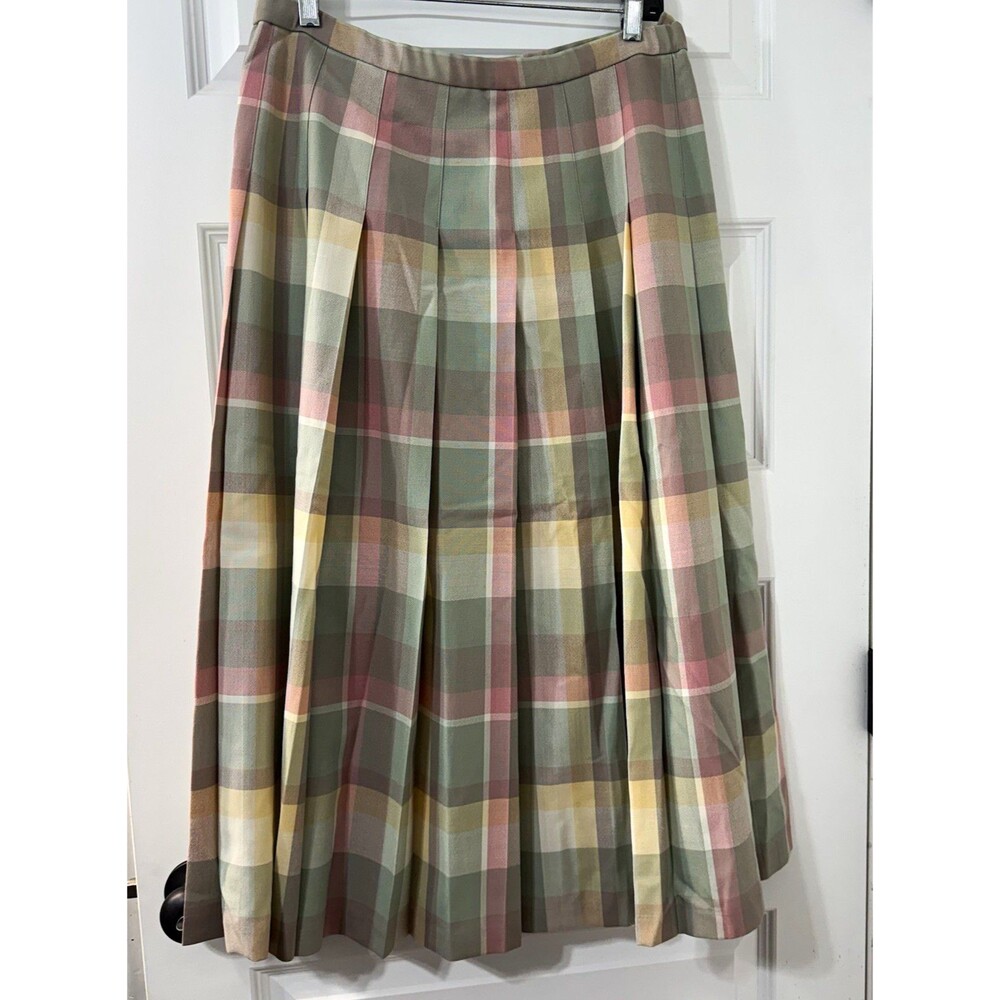 VTG Pendleton Women’s Wool Pastel Plaid Pleated Midi Skirt 14 Blue Tan Heritage